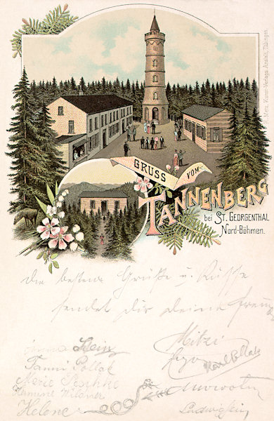 This picture postcard from 1898 shows the look-out tower and the mountain hut at the peak of the Jedlová hill. The smaller wooden building is the now nonexistent dining-room.