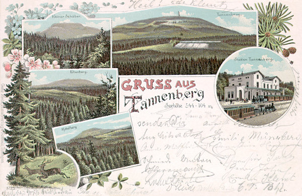 This lithographic picture postcard from 1898 shows several hills in the surroundings of the railway station Jedlová. On the left side you see the Malý Stožec (659 m), the Velká Tisová (692 m) and the Srní hora (657 m), on the upper right is the dominant Jedlová hill (774 m).
