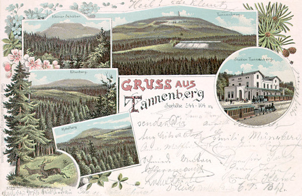 Jedlová (Tannenberg)</b><br>Diese Lithographie aus dem Jahre 1898 zeigt einige Berge der Umgebung des Bahnhofes Jedlová (Tannenberg). Auf den Bildern links sieht man den Malý Stožec (Kleiner Schöber, 659 m), Velká Tisová (Grosser Eibenberg, 692 m) und Srní hora (Mittelberg, 657 m), rechts oben ist der dominierende Gipfel des Jedlová-Berges (Tannenberg, 774 m).