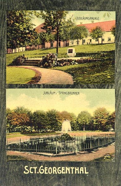 Na této pohlednici vidíme „Jubilejní kámen“ a „Jubilejní fontánu“ na náměstí, vybudované v roce 1908 k oslavě 60. let panování císaře Františka Josefa. Pamětní kámen, zbavený v roce 1918 nápisu, vydržel až do dnešní doby.