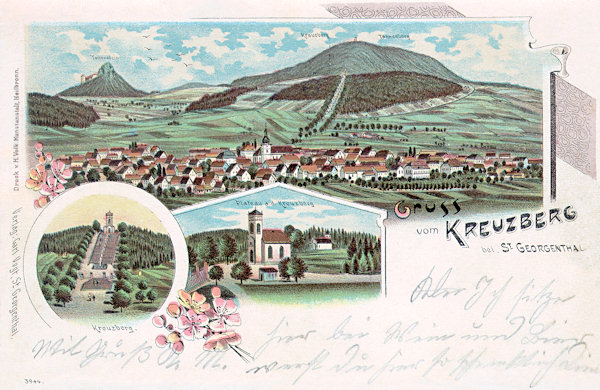 Auf dieser Lithographie von 1899 sieht man das charakteristische Panorama von Jiřetín (St. Georgental) mit der Ruine der Burg Tolštejn (Tollenstein), dem Křížová hora (Kreuzberg) und dem weiter entfernten Jedlová-Berge (Tannenberg). Auf den Bildern unten ist ein Detail des Kreuzweges und die Gipfelkapelle mit dem Grabe Christi.