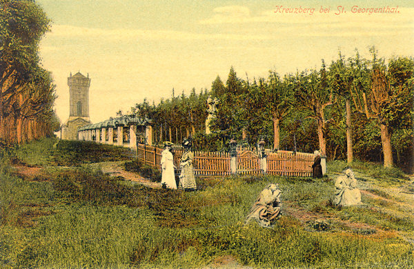 A postcard from 1906 shows a pilgrimage site at the Křížová hora with a scene from Gethsemane garden in the foreground.