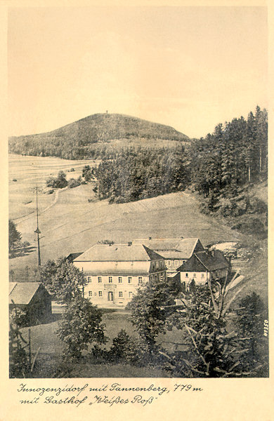 Diese Ansichtskarte vom Ende der 30er Jahre des 20. Jahrhunderts zeigt das ehemalige Gasthaus „Weisses Ross“, das auch heute noch im unteren Teil der Gemeide steht. Im Hintergrund sieht man den Berg Jedlová (Tannenberg).