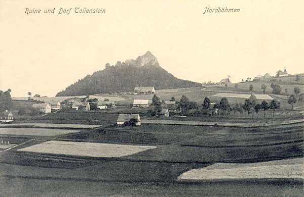 Diese Ansichtskarte aus der Zeit vor dem ersten Weltkrieg zeigt den oberen Teil der Gemeinde mit der Ruine der Burg Tolštejn (Tollenstein).