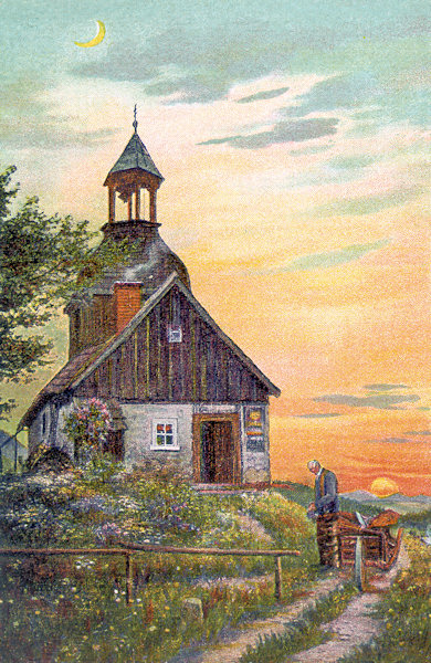 This picture postcard shows the old bell tower under the Tolštejn rock preserved up to the present day as a private holiday home.
