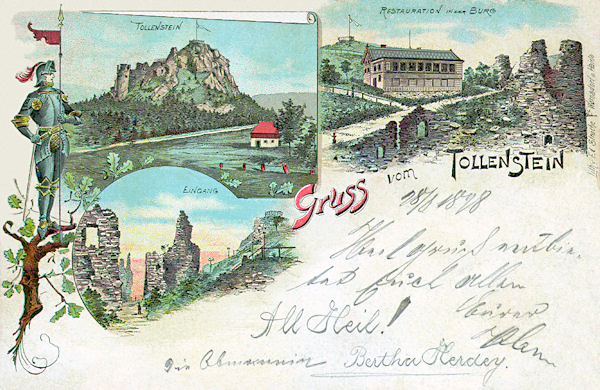 Historická pohlednice z roku 1898 zachycuje zříceniny hradu Tolštejna. Vlevo nahoře je celkový pohled, vpravo část zřícenin s hradní restaurací a vyhlídkou, dole zříceniny u bývalé vstupní brány.