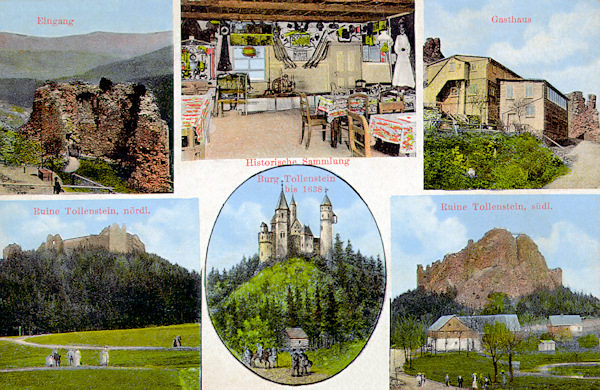 This postcard of Tolštejn castle apart from views of the ruins shows also the castle chalet (upper right) and its interior (centre). In the lower right part is an ideal drawing of the castle in 1638.