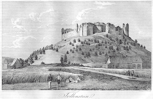 Romantická kresba z 1. poloviny 19. století zachycuje zříceninu hradu Tolštejna od severu.