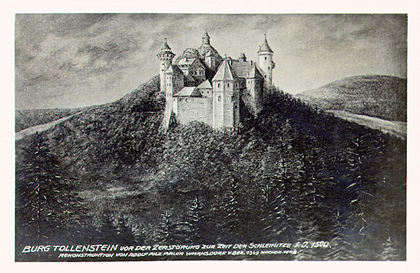 This postcard shows an older idea about the appearance of Tolštejn castle under the Schleinitz family at about 1500. The ideal reconstruction was made by the painter Adolf Pilz from Varnsdorf.