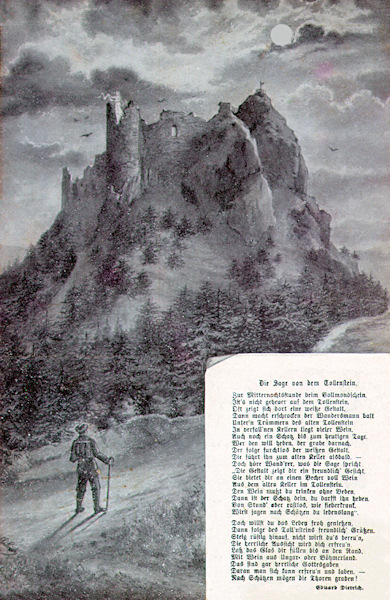Nedatovaná pohlednice zachycuje romantické zříceniny hradu Tolštejna. V dolním rohu je uvedena jedna z pověstí o Tolštejnu.