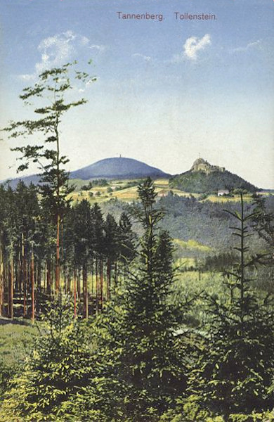 Na této pohlednici je zřícenina Tolštejna s Jedlovou v pozadí zachycena ze svahu Pěnkavčího vrchu.