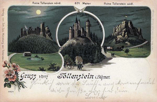 Romanticky laděná pohlednice představuje hrad Tolštejn a jeho zříceniny v noci.