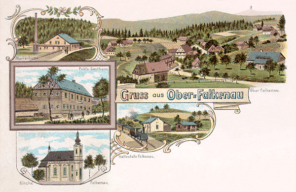 Diese Lithographie aus der Zeit um 1900 zeigt rechts die Gemeinde Horní Falknov (Ober-Falkenau) und unter ihr die Eisenbahnhaltestelle in Kytlice (Kittlitz). Auf den Bildern links ist die Glashütte „Marienhütte“, Pohls Gaststätte und die Kirche St. Anton v. Padua.