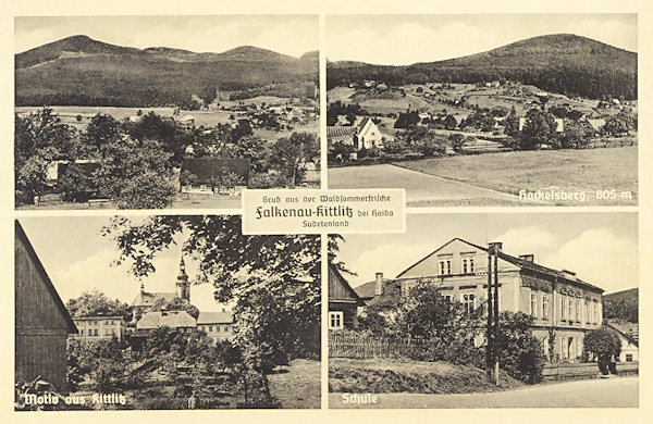 Auf dieser Ansichtskarte vom Ende der 30er Jahre des 20. Jh. sind zwei Gesamtansichten der Gemeinde, darunter sieht man das Ortszentrum von Kytlice (Kittlitz) mit der Kirche und der Schule aus dem Jahre 1883.