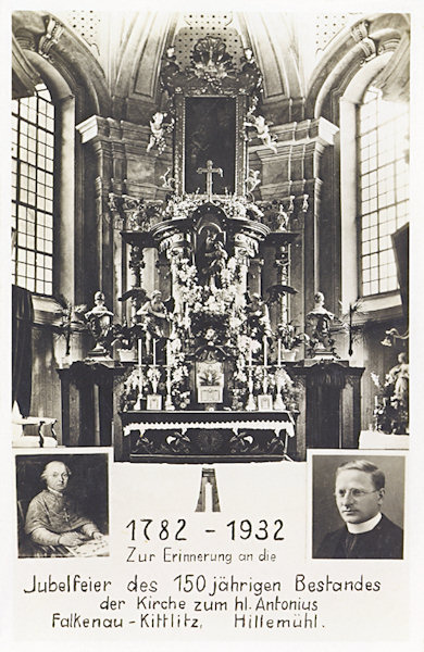 Tato pohlednice s hlavním oltářem sv. Antonína Paduánského byla vydána v roce 1932 ke 150. výročí vysvěcení kytlického kostela.