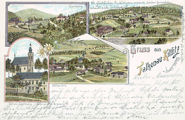 This lithography presents the villages Kytlice and Falknov. On the upper left we see the houses in the upper part of the village under the Malý Buk-hill, on the rigth side is the lower part Dolní Falknov and the picture in the centre shows the centre of the village with the church of St. Anthony of Padua. The church along with the restaurant then called 'Kittels Gasthaus' is also seen on the last picture at the lower left.