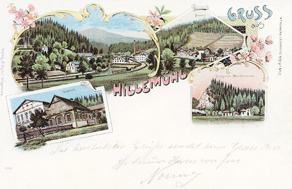 Auf dieser Lithographie sieht man oben die Ortschaft Mlýny (Hillemühl) mit der Glasfabrik Theresienhütte (links) und dem Bahnhof (rechts). Auf den Bildern unten ist das alte Gasthaus No. 33 und der Felsvorsprung des Pustý zámek (Wüstes Schloss) mit dem herrschaftlich Kinskyschen Hegerhaus.