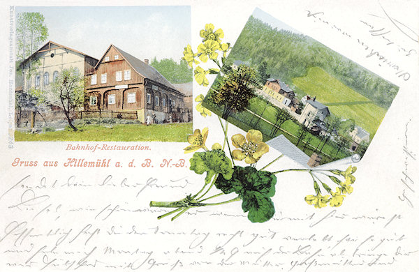 This picture postcard from before World War One shows the former house No. 33 with the village mayor's office and the inn before its reconstruction into the present shape is shown. The picture to the right shows the railway station building.