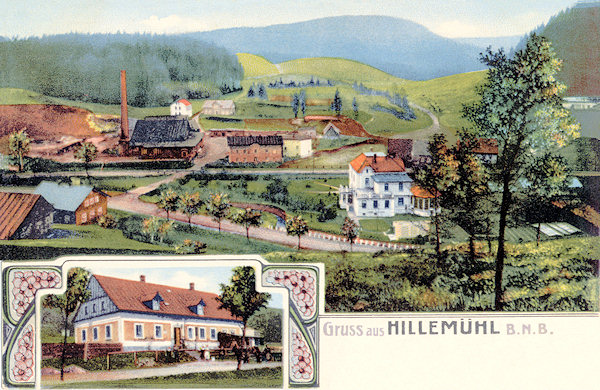 Diese Ansichtskarte von 1922 zeigt den Ostteil von Mlýny (Hillemühl) mit der „Theresienhütte“ und der zu ihr gehörenden Villa im Vordergrunde. Auf dem unteren Bild ist das ehemalige Gasthaus „Blauer Stern“ am Bahnhof.