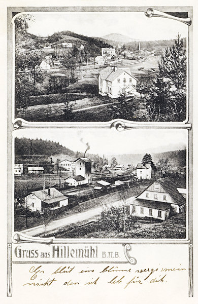 This picture postcard from the the nineteen-twenties shows the centre of the village with the glass factory „Theresienhütte“ (top) and the railway station with the former „Blauer Stern“-inn in the foreground (bottom).