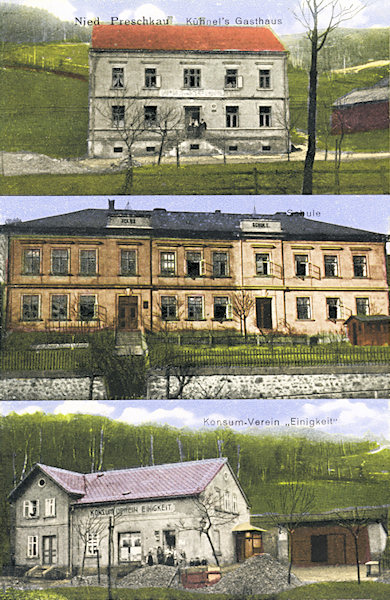 On this picture postcard above we see the former Kühnel's inn „Zum Schieferberg“, standing till now in the lower part of the village. In the centre there is the school standing on the crossroad and below the co-op shop „Einigkeit“ (Unity).