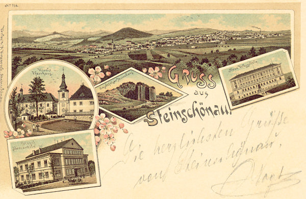 On this postcard of Kamenický Šenov from 1898 in the upper part an overall view of the town with the dominating hill Šenovský vrch is displayed. Below it to the left is the church St. John the Baptist with the parsonage, in the centre the Panská skála-rock and to the right the school. Lower left is the former hotel Mercantile at the market place.