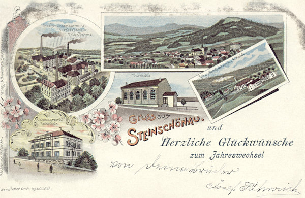 On this postcard of Kamenický Šenov from 1898 besides the overall view of the town there is a view of Elias Palme's chandelier plant. On the small pictures to the right is the glass factory Adolf Rückl near the railway station, in the centre the gymnasium and to the lower left the School of Applied Art in Glass-Industry.