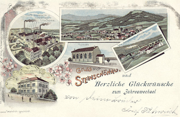 Auf dieser Ansichtskarte von Kamenický Šenov (Steinschönau) aus dem Jahr 1898 ist ausser der Gesamtansicht der Stadt das Areal der Lusterfabrik von Elias Palme zu sehen. Auf den kleinen Bildern rechts ist die Glashütte Adolf Rückl am Bahnhof, in der Mitte das Gebäude der Turnhalle und links unten die Fachschule für Glasindustrie.