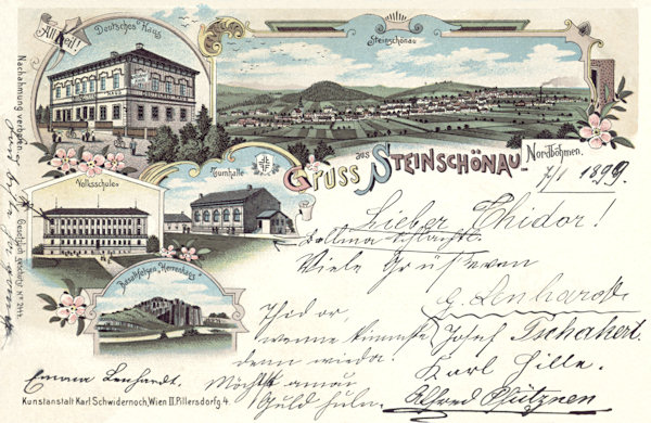 On this lithography of Kamenický Šenov from 1899 in the upper right there is an overall view of the upper part of the town with the Šenovský vrch-hill in the background. The smaller pictures to the left show the former „German house“ above the town square, below it on the left side the school, on the right the gymnasium and at the bottom the Panská skála-rock.