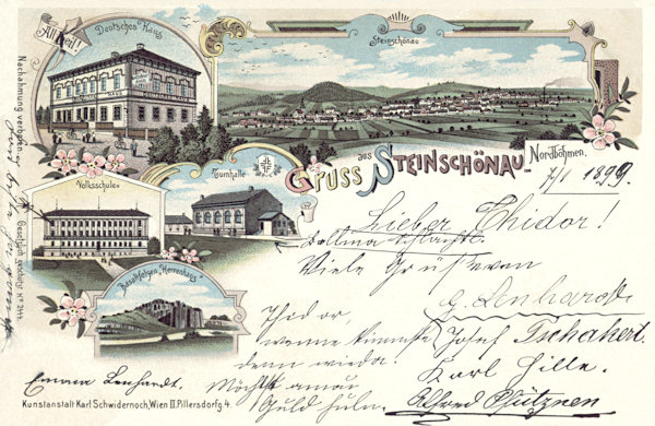 Auf dieser Lithographie von Kamenický Šenov (Steinschönau) von 1899 ist rechts oben die Gesamtansicht der oberen Stadt mit dem Šenovský vrch (Steinschönauer Berg) im Hintergrund, auf den kleineren Bildern links ist das ehemalige Deutsche Haus oberhalb des Stadtplatzes, unter ihm links die Schule, rechts die Turnhalle und ganz unten der Felsen Panská skála (Herrenhausberg).