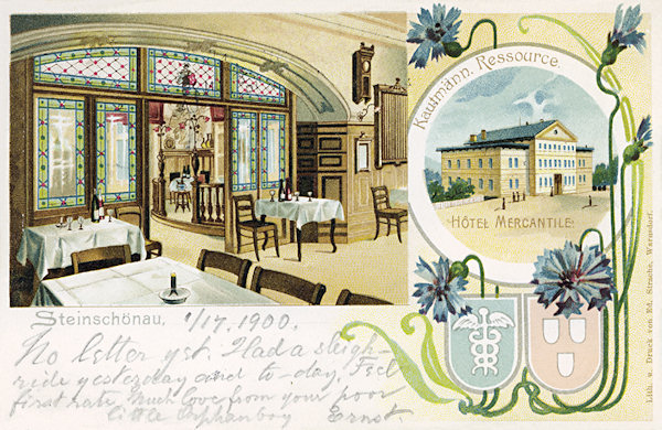 Diese Ansichtskarte aus dem Jahr 1900 zeigt einen Teil des Interieurs des Hotels Mercantile, das hauptsächlich von Glashändlern benützt wurde.