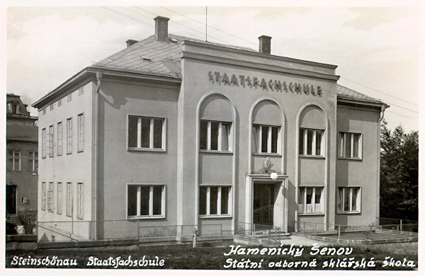 This picture postcard from the thirties of the 20th century shows the building of the School of Applied Art in Glass-Industry after its reconstruction in 1905.