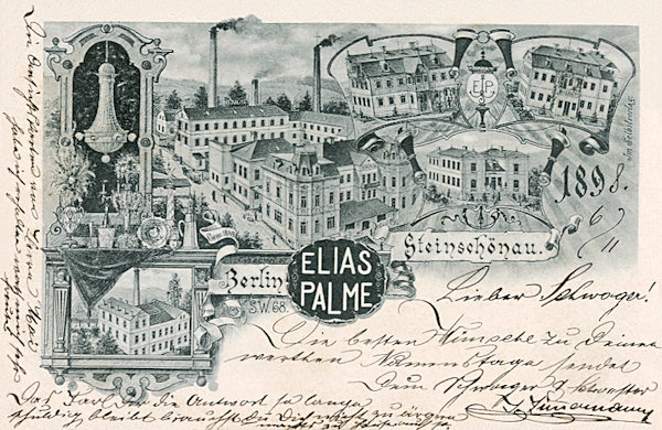 Diese von der Firma 1898 herausgegebene Ansichtskarte zeigt die Lusterfabrik Elias Palme und rechts oben das an der Hauptstrasse oberhalb des Stadtplatzes stehende Wohnhaus der Familie.
