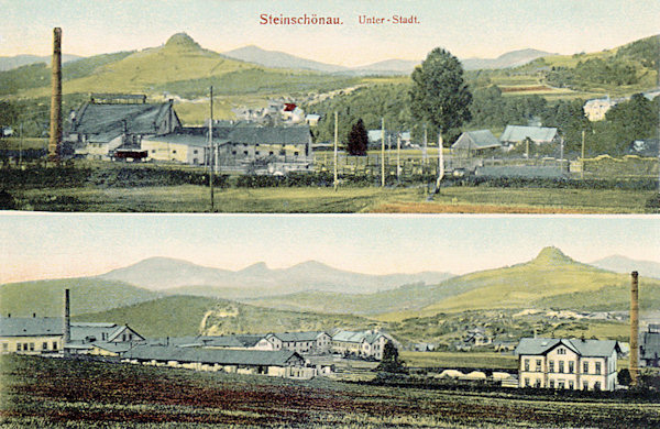 Na pohlednici z roku 1921 vidíme dolní nádraží v Kamenickém Šenově se sklárnami Adolfa Rückla (nahoře) a bratří Jílků (dole). V pozadí je výrazný vrchol Středního vrchu a za ním na obzoru kopce v okolí Studence.