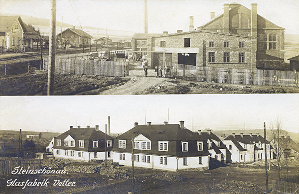 Auf dieser Ansichtskarte sieht man die am ehemaligen oberen Bahnhof erbaute jüngste Steinschönauer Glashütte des Franz Vetter und die anliegende Kolonie von Arbeiterhäusern.