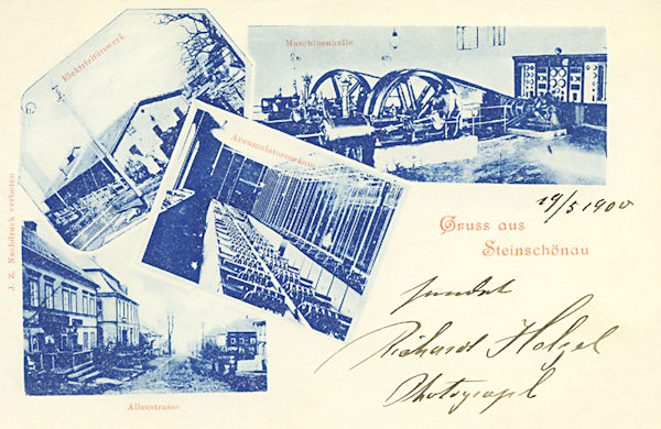 Diese Ansichtskarte von 1900 zeigt das Steinschönauer Elektrizitätswerk, das etwas unterhalb der Lusterfabrik Elias Palmes stand. Es wurde als erstes städtisches Elektrizitätswerk des damaligen Kreises Děčín (Tetschen) am 20. April 1899 in Betrieb gesetzt.