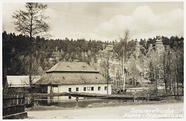 Na této pohlednici je starý mlýn čp.108 v Dolním Šenově, zmiňovaný už v 16. století. Rozlehlá budova, jejíž průčelí zdobily sluneční hodiny, byla zbořena počátkem 60. let 20. století. V pozadí jsou vidět skály na svahu za koupalištěm.