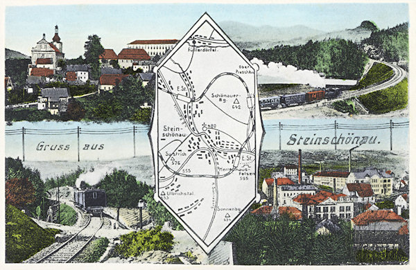 This picture postcard evokes reminders on the  mountain railway from 1903 going around the town in a great curve. In the pictures surrounding the map there is the town centre with the church St. John the Baptist, the area of Elias Palme´s chandelier factory and two pictures of the railway beneath the Šenovský vrch-hill. The trains were running here till the cancellation of the line in September 1979.