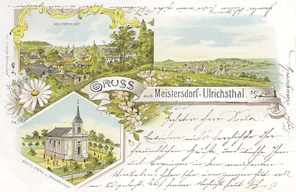 Diese Lithographie aus dem Jahre 1897 zeigt die Gemeinde Mistrovice (Meistersdorf) im Blick von der Anhöhe „Scheibe“ und die altkatholische Kirche aus dem Jahre 1897.