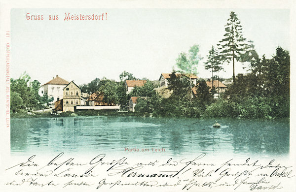 Diese Ansichtskarte zeigt den Teich in Mistrovice (Meistersdorf), der früher als Freibad diente.