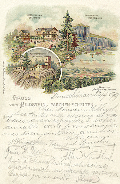 Auf dieser Ansichtskarte aus dem Jahre 1899 ist das Gasthaus mit Aussichtsturm am Obrázek (Bildstein) bei Prácheň (Parchen) abgebildet. Rechts ist der nahe Fels Panská skála (Herrenhausberg) und die Aussicht aus dem Turm nach Südosten.