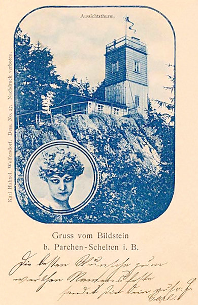Auf dieser Ansichtskarte ohne Datum ist der ehemalige hölzerne Aussichtsturm auf dem Obrázek (Bildstein) bei Prácheň (Parchen).