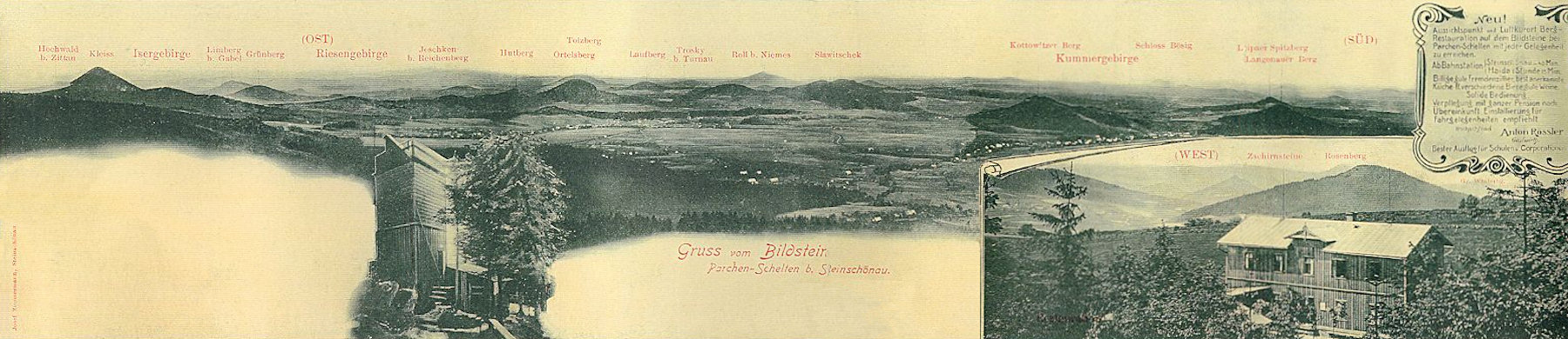 This folded picture postcard shows the southeastern, most beautiful southeastern part of the view from the Obrázek-hill near Prácheň. The most prominent hill to the left is the Klíč, the horizon behind of it is closed by the Jizerské hory-Mts. and the Krkonoše-Mts. Moreover, the picture shows e.g. the hills Ortel, Tlustec, Ralsko, Chotovický vrch, Skalický vrch, and Bezděz. The pictures below show the wooden lookout-tower and the nearby restaurant.