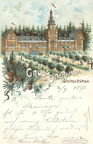 Auf dieser Ansichtskarte aus dem Jahre 1898 ist die südlich von Kamenický Šenov (Steinschönau) gelegene, heute nicht mehr bestehende Gaststätte Oberwald abgebildet.