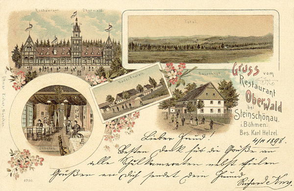 Eine Ansichtskarte der ehemaligen Gaststätte Oberwald bei Kamenický Šenov (Steinschönau) vom Jahre 1898. Links oben ist die Gesamtansicht des Gasthauses, daneben die Aussicht nach dem Nordwesten. Auf den unteren Bildern ist die Innenausstattung des Gasthauses, das unweit von ihm liegende Bad und ein Bauernhaus.