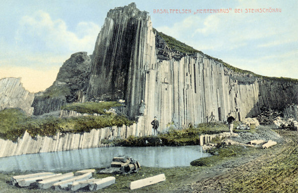 A postcard from 1910 with the Panská skála in the times when stone has been quarried here.