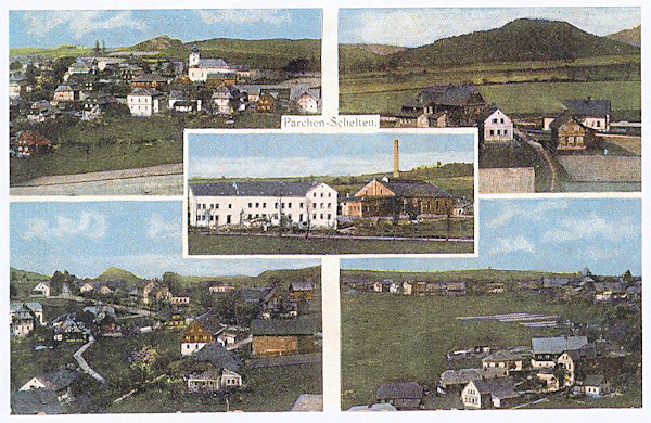 This picture postcard presents Prácheň with means of several outlooks from the Vyhlídka-hill. On the upper left there is the village centre with the church of St Lawrence, on the right there is a group of houses at the main road with the Šenovský vrch-hill in the background, on the lower left we see the northern part of the village and on the right the meadows near the southern borders of the village. On the centre of the postcard there is the former glasswork built by Štěpán Hrdina in 1908.