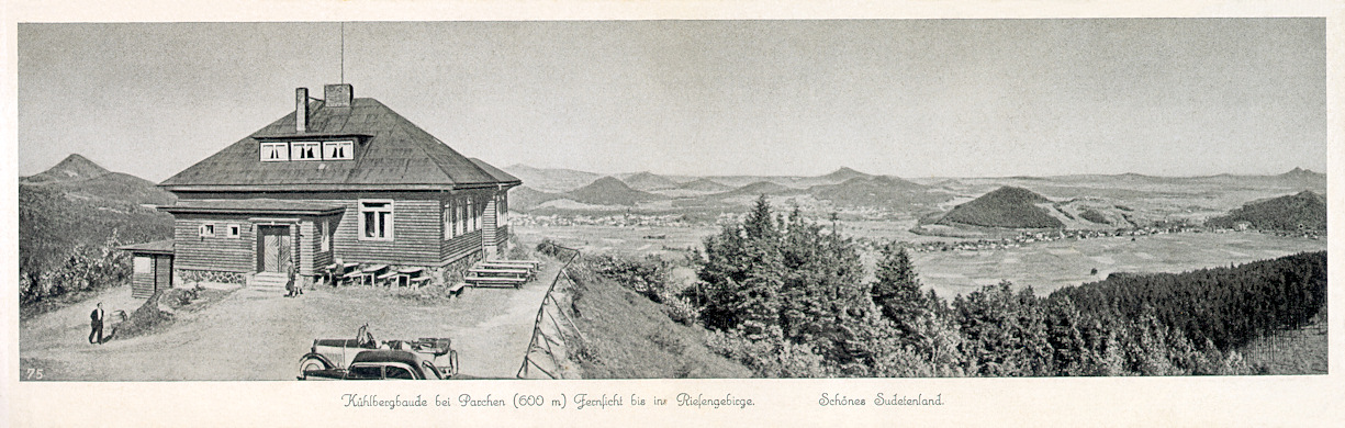 This folding picture postcard from World War Two shows the summit of the Vyhlídka-hill with the restaurant and the view into the basin of Česká Lípa.