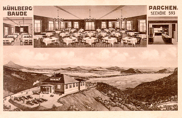 On this picture postcard there is the restaurant Na vyhlídce (Look-out) with a beautiful outlook over the landscape surrounding Česká Lípa, complemented by a somewhat idealized view of its interior.