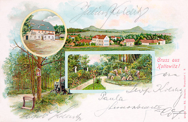 Diese Postkarte aus der Wende des 19. und 20. Jahrhundert stellt die Gemeinde mit dem Detail der Gaststätte (links oben) und der parkartig herrichteten Umgebung der hiesigen Badeanstalt (Mitte) vor.